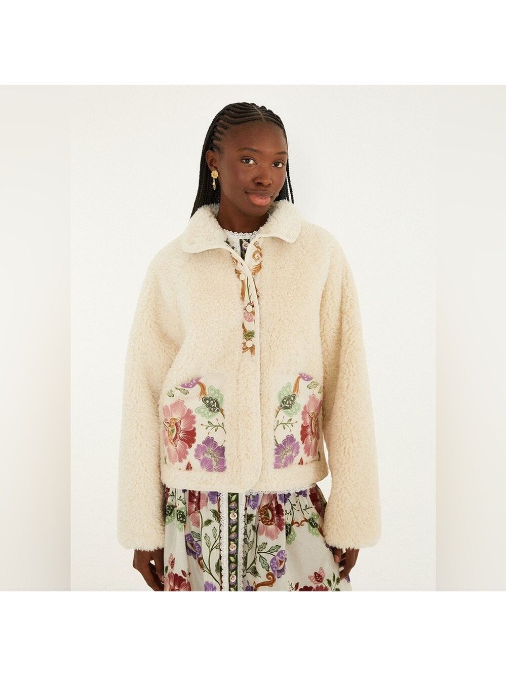 Farm Rio Cream Rococo Flowers Bomber Fleece Jacket - Picture 1 of 9